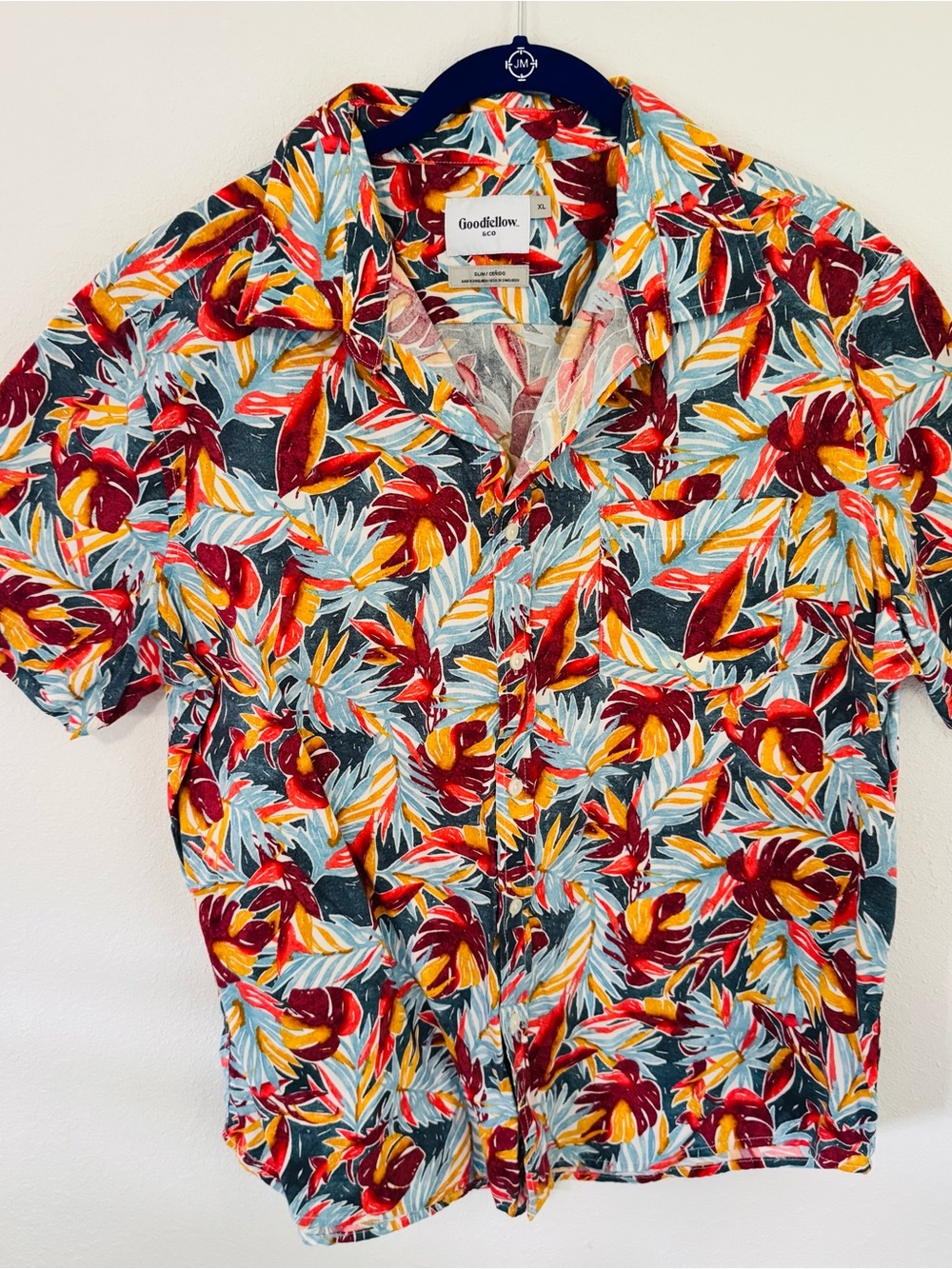 Goodfellow & Co Red and Yellow Tropical Print Short Sleeve Button-Down Shirt